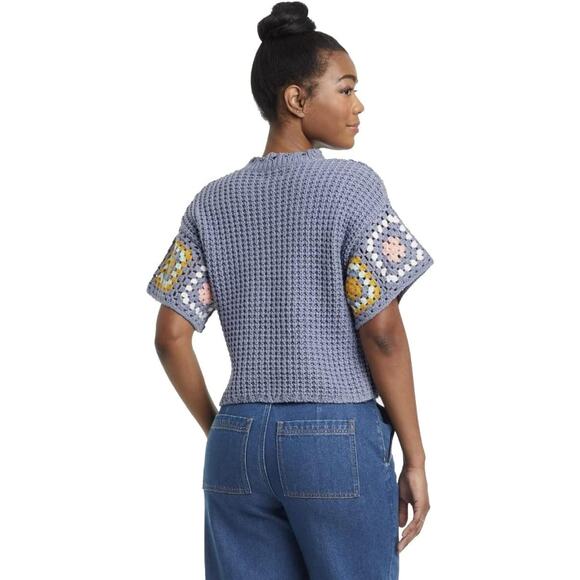 Universal Thread Women's M Purple Crochet Sweater Top Short Sleeves Ruffle Neck - Picture 2 of 11